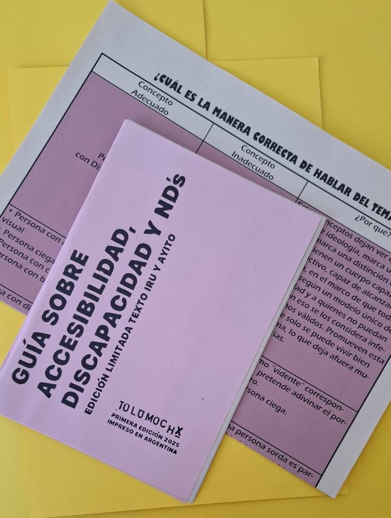 imagen del fanzine impreso a color rosado con letras negras y el poster detrás con un fondo amarillo. 